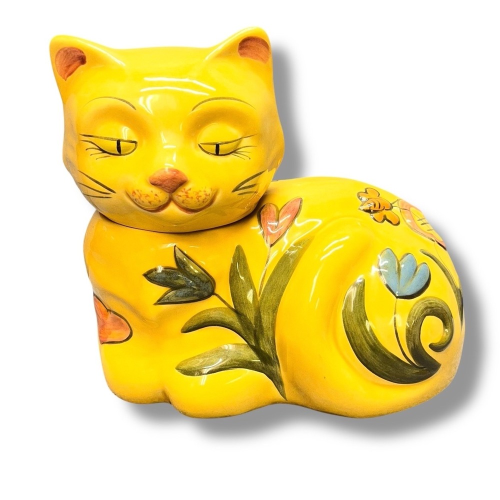 Vintage Los Angeles Potteries Cat Cookie Jar Hand Painted Yellow Floral MCM USA